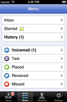 Google Voice app menu