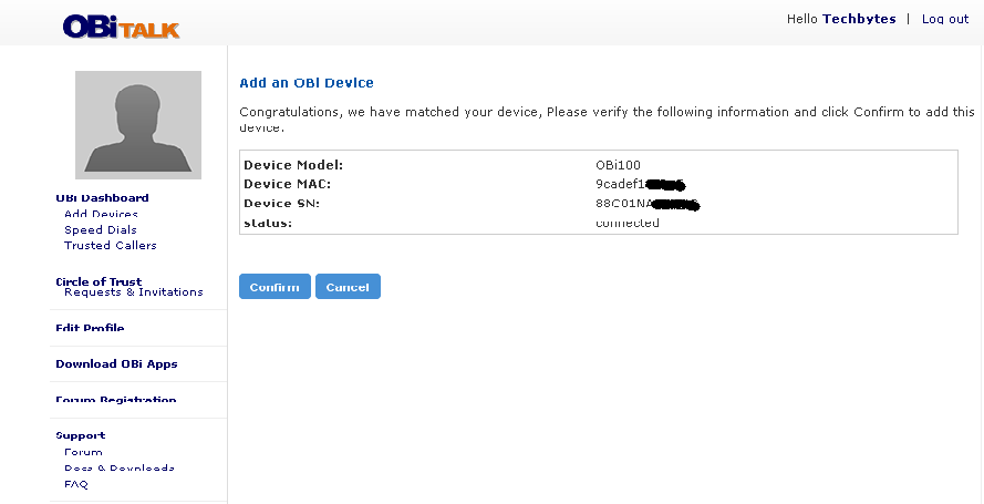 OBi Talk - add an OBi device confirmation