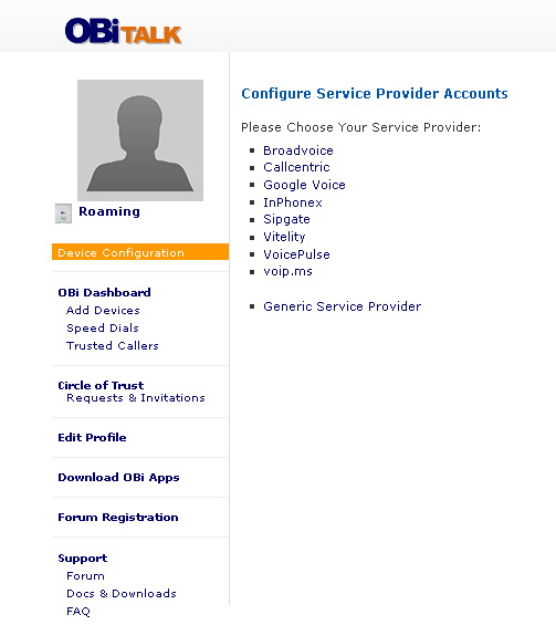 OBi Talk - configure service provider accounts